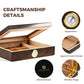 An infographic showcasing the humidor’s craftsmanship details: Hygrometer, Spanish Cedar Divider, Velvet Bottom, and Flexible Hinge, with the "WOODRONIC" logo displayed.