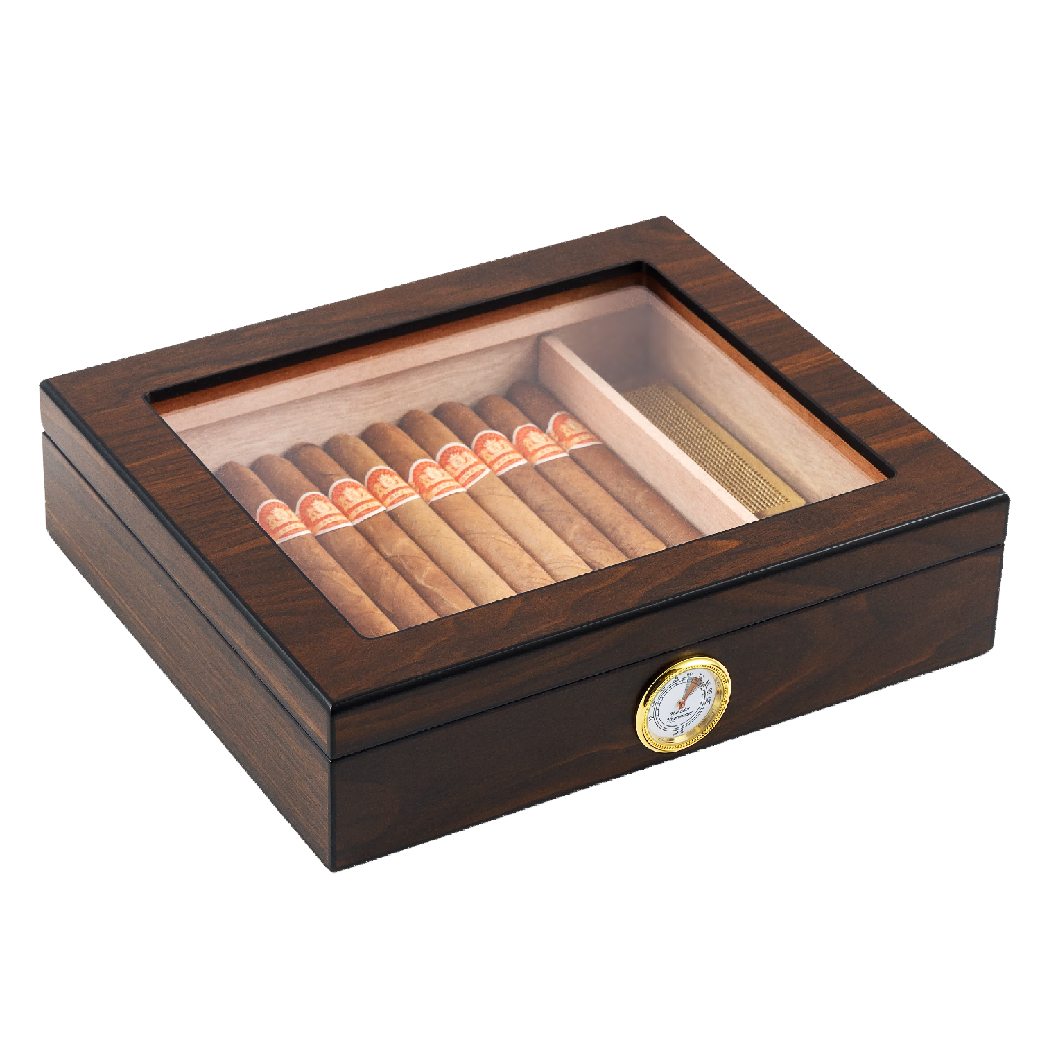 A closed dark wooden cigar humidor with a clear glass top, revealing neatly arranged cigars inside, featuring a gold-rimmed hygrometer on the front panel, set against a white background.