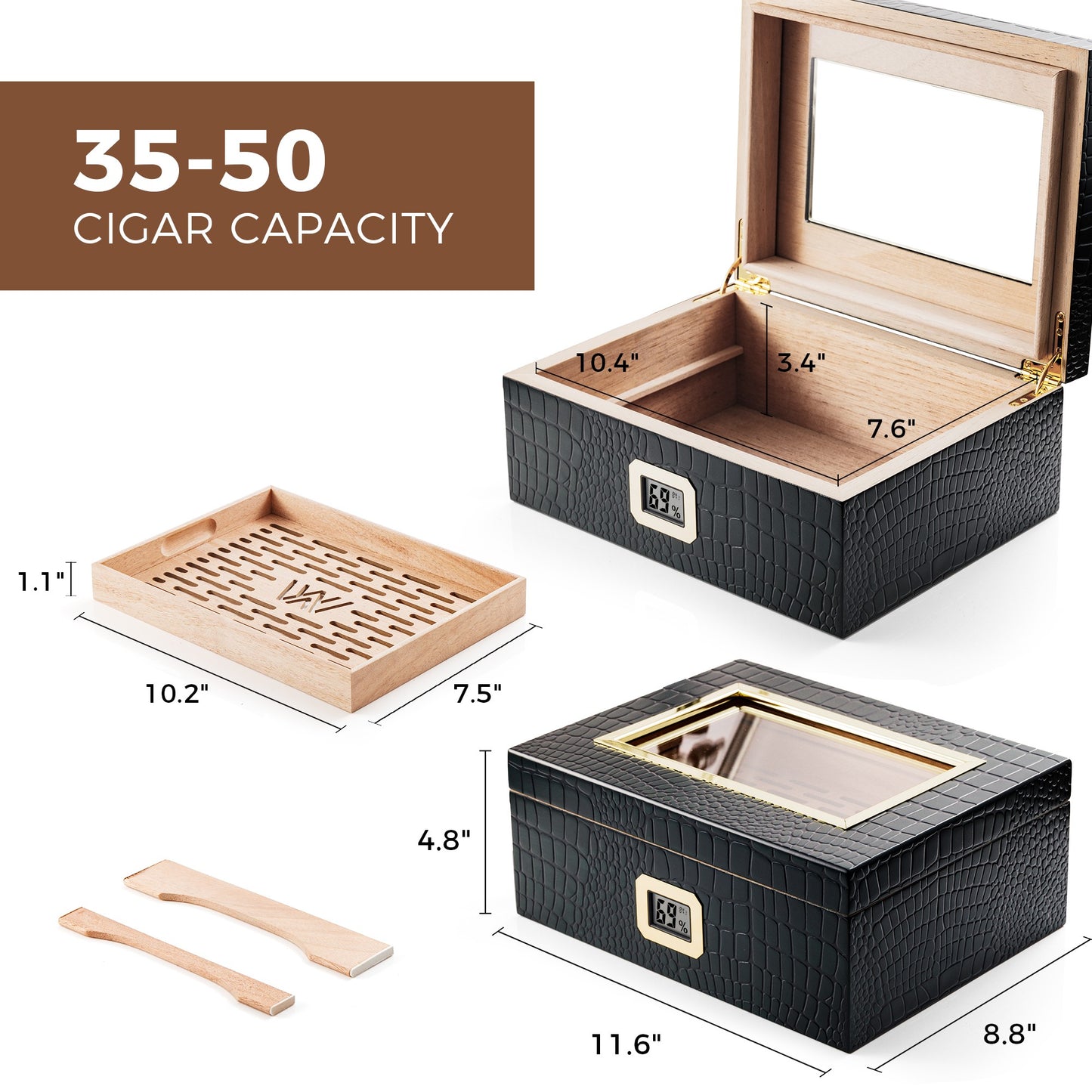35-50 cigar capacity humidor with dimensions 11.6x8.8x4.8 inches, featuring removable tray and dividers for flexible storage.