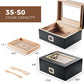 35-50 cigar capacity humidor with dimensions 11.6x8.8x4.8 inches, featuring removable tray and dividers for flexible storage.