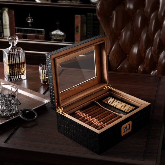 Croc-embossed cigar humidor displayed in a sophisticated study with whiskey, ideal for elegant gifting and premium cigar storage.