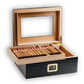 Black croc-embossed cigar humidor with glass top, digital hygrometer, and Spanish cedar interior, holding premium cigars for display.