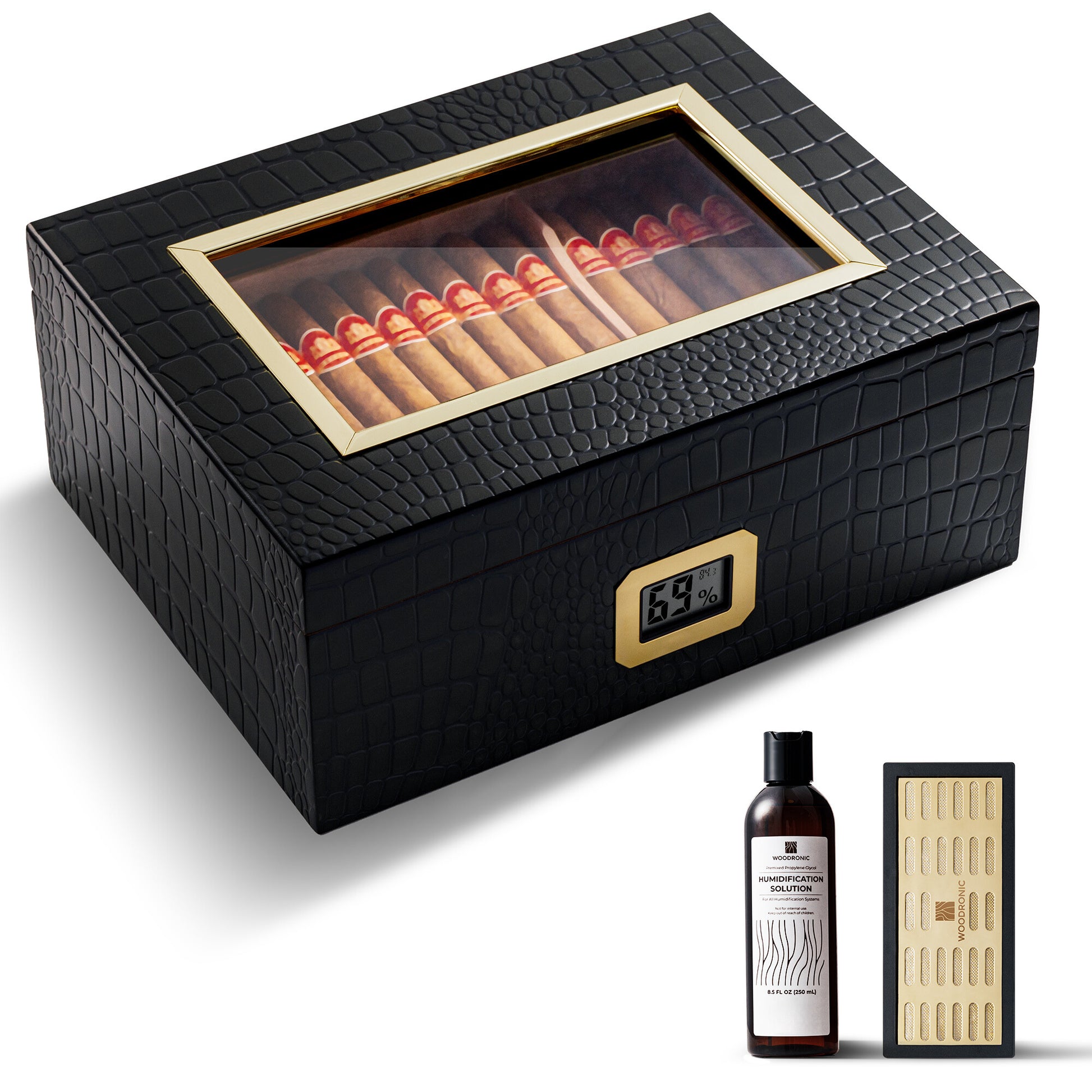Black croc-embossed cigar humidor with glass window, digital hygrometer, humidification solution, and crystal gel humidifier, perfect gift for cigar lovers.