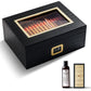 Black croc-embossed cigar humidor with glass window, digital hygrometer, humidification solution, and crystal gel humidifier, perfect gift for cigar lovers.