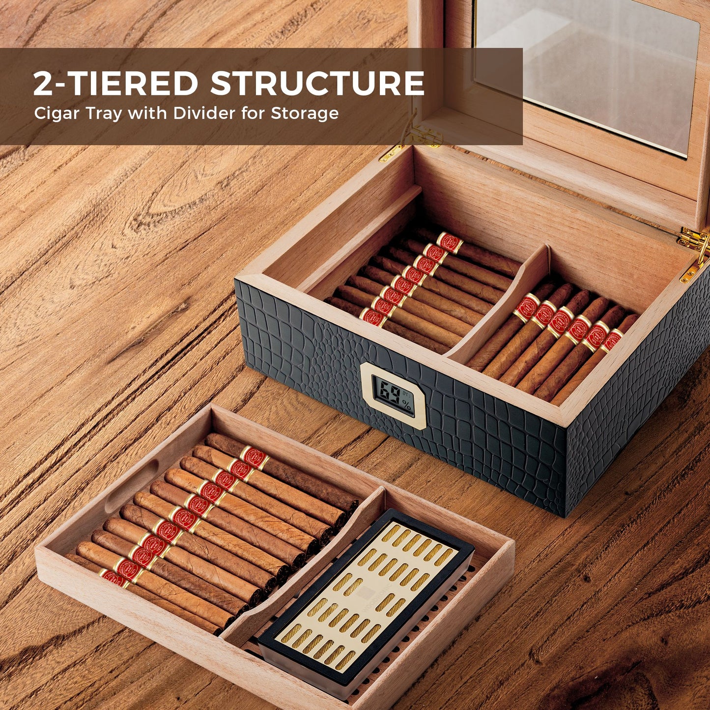 2-tiered cigar humidor with divided tray and humidity tray, showcasing organized storage for cigars and humidification system.