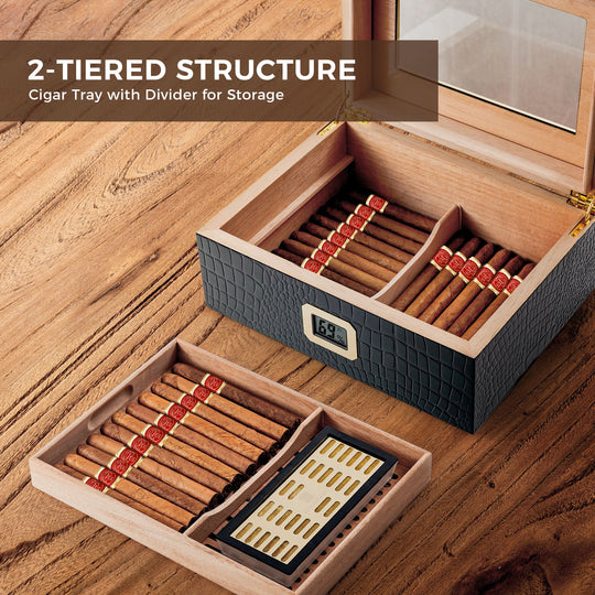 Woodronic Mantle Luxury Cigar Humidor: Croc-Embossed Spanish Cedar Case with Glass Window & Accessory Kit