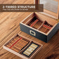 2-tiered cigar humidor with divided tray and humidity tray, showcasing organized storage for cigars and humidification system.