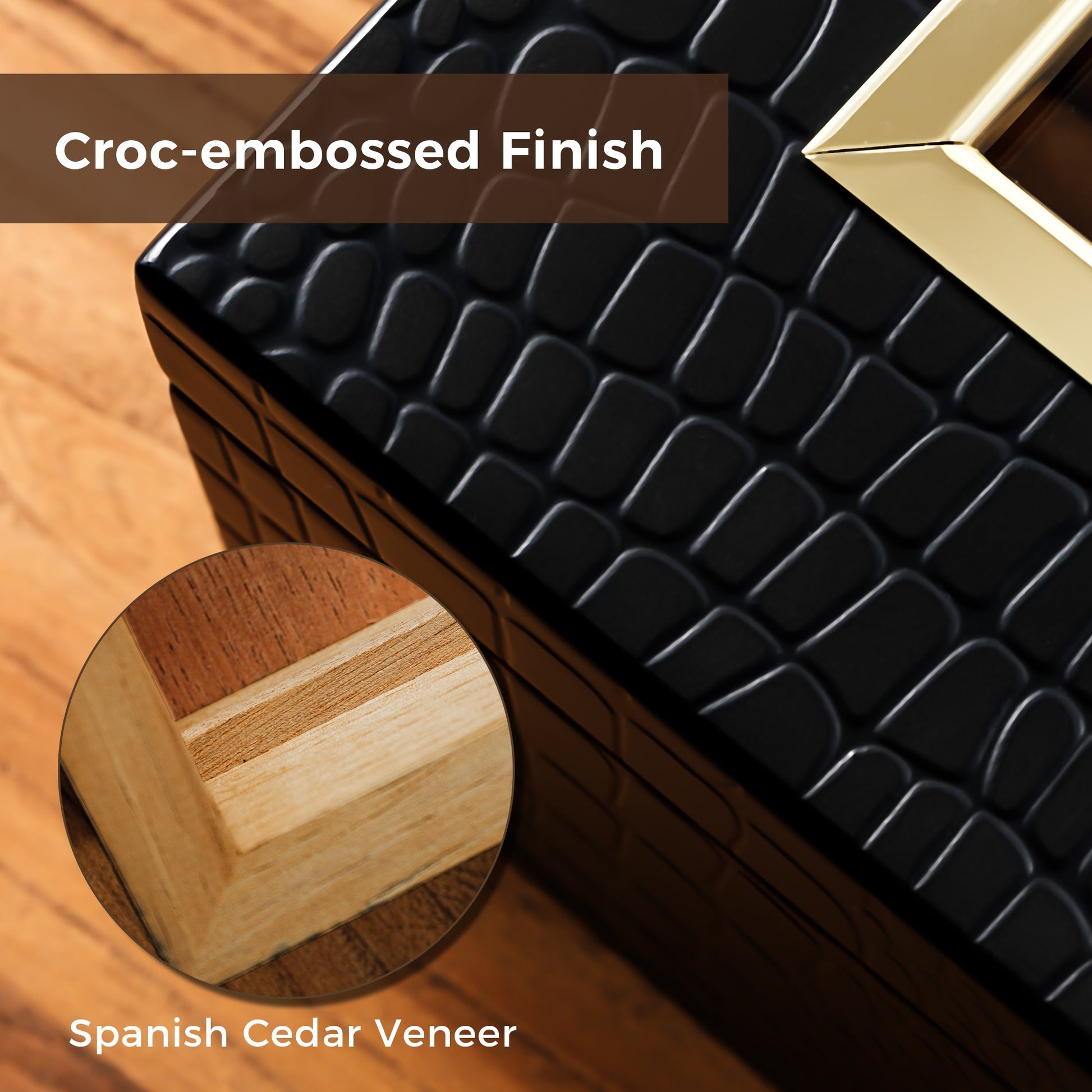 Close-up of croc-embossed exterior finish and Spanish cedar veneer interior, highlighting premium craftsmanship and cigar-friendly material.