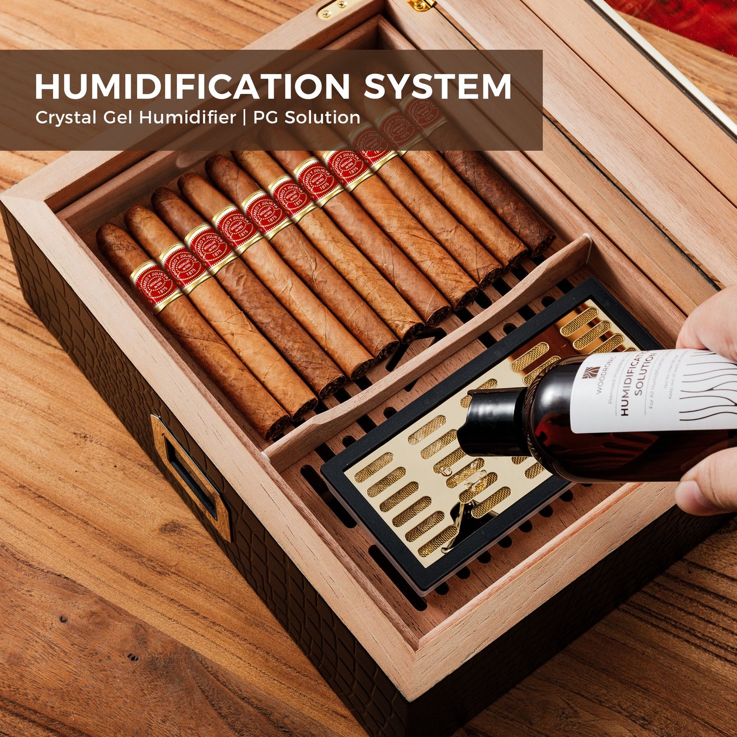 Demonstration of crystal gel humidification system, showing PG solution being added to maintain optimal cigar humidity levels.