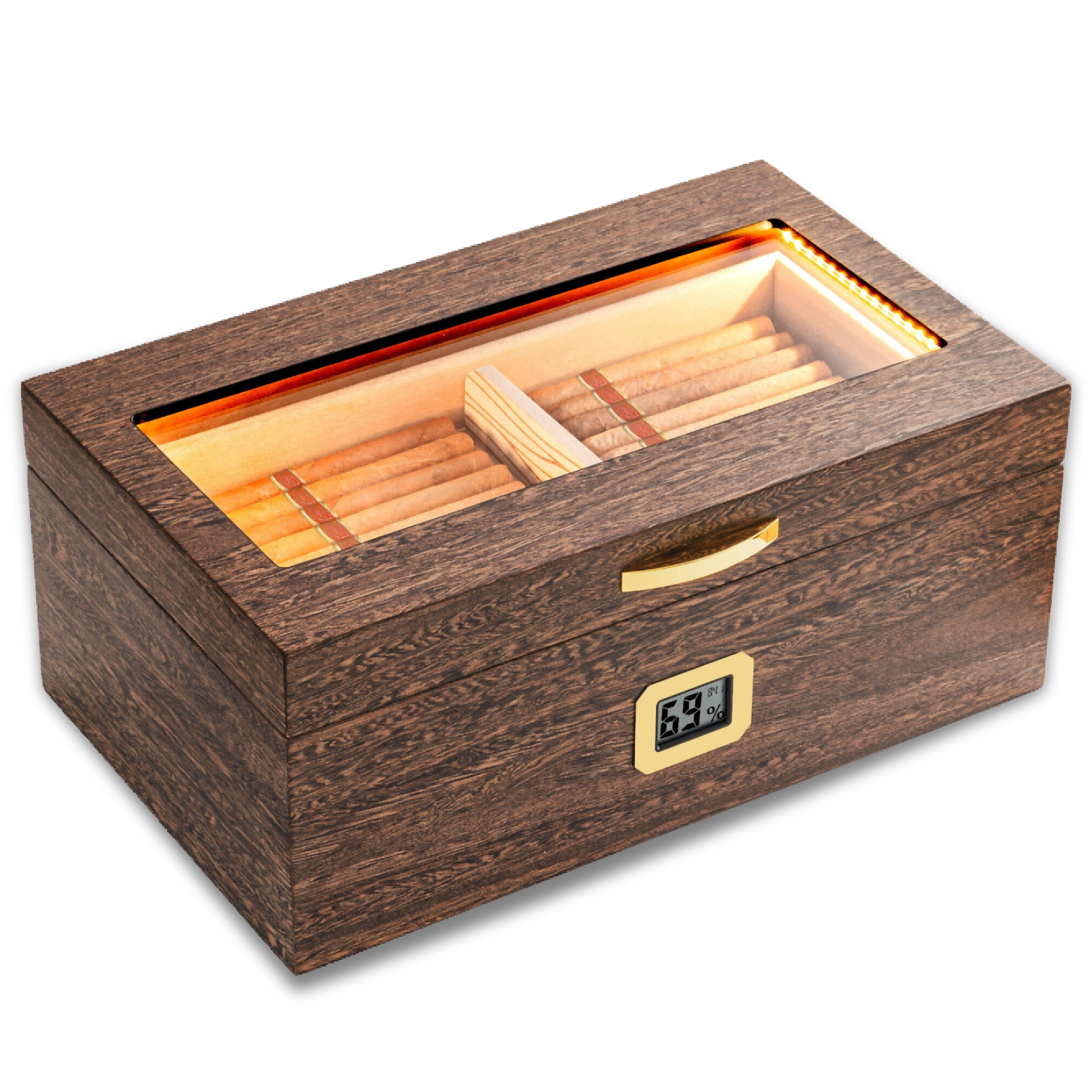 Wenge wood cigar humidor with warm LED strip lighting, glass top, digital hygrometer, and Spanish cedar interior, ideal for premium cigar display.