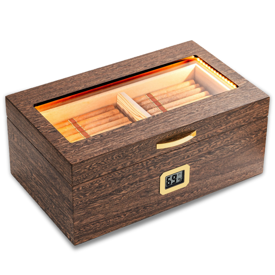 Woodronic Inlumino Luxury Cigar Humidor: Wenge-Finish Spanish Cedar Case with Battery-Powered LED & Glass Window