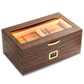 Wenge wood cigar humidor with warm LED strip lighting, glass top, digital hygrometer, and Spanish cedar interior, ideal for premium cigar display.