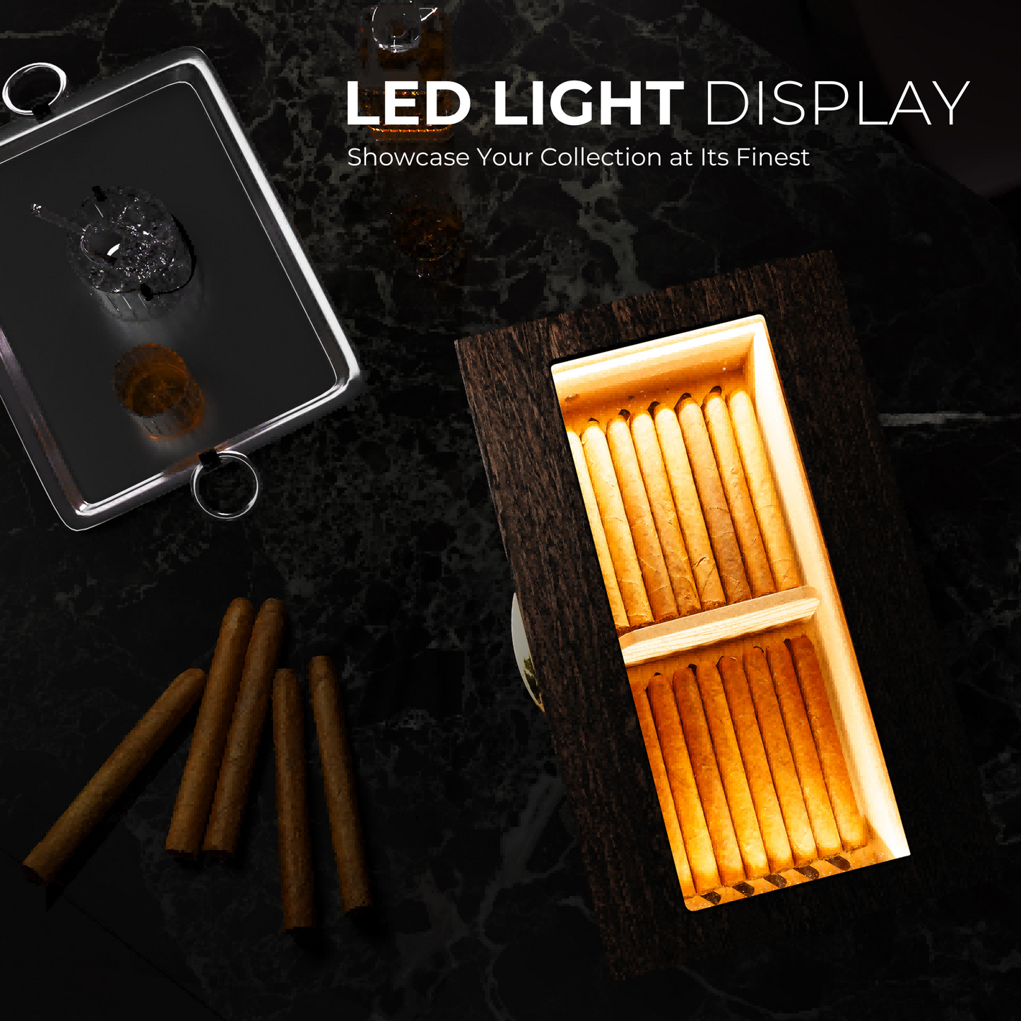 LED light display feature of cigar humidor, highlighting warm illumination to showcase cigar collection elegantly in a dark setting.