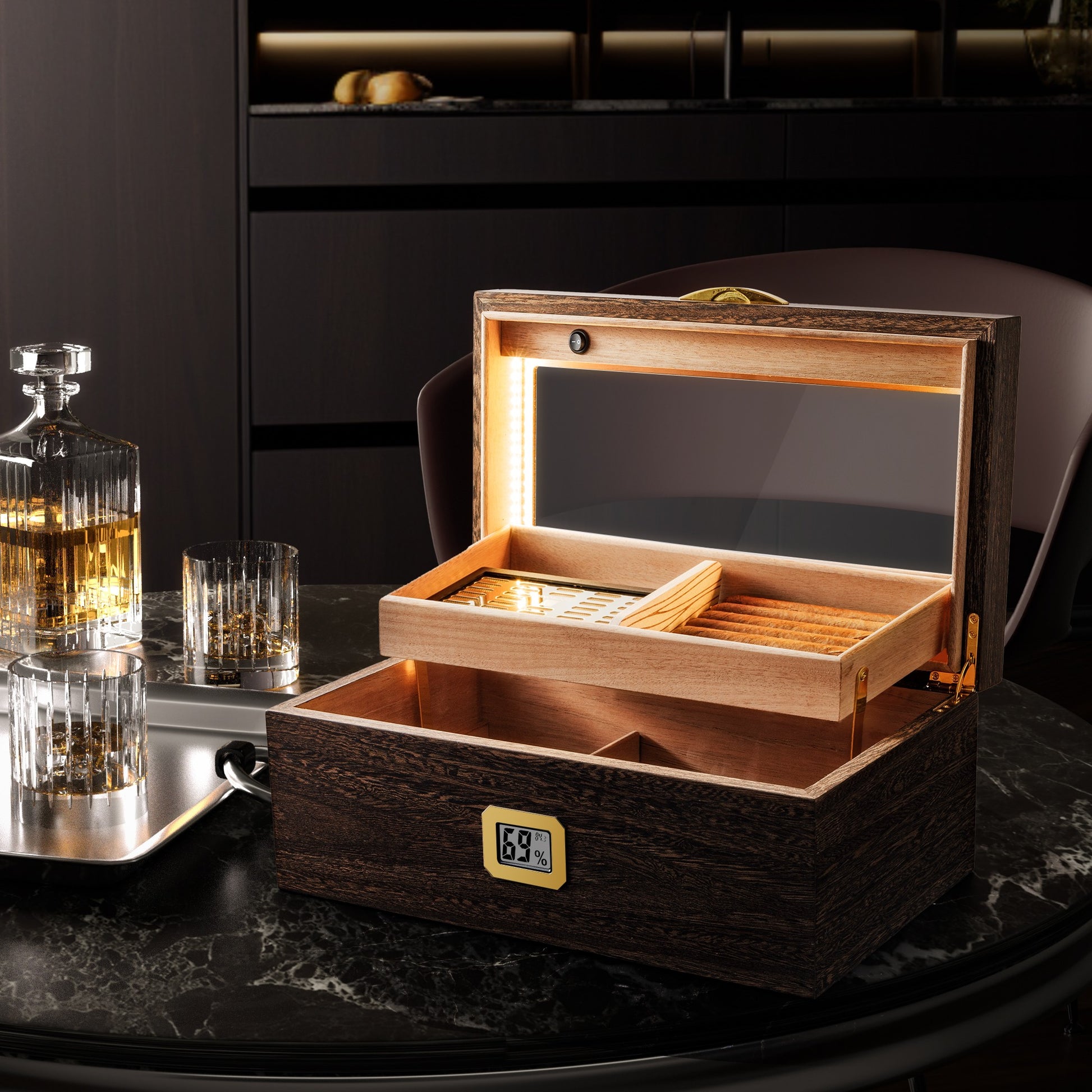2-tiered wenge wood cigar humidor with LED lighting, displayed on a marble table with whiskey decanter, perfect for sophisticated home decor.