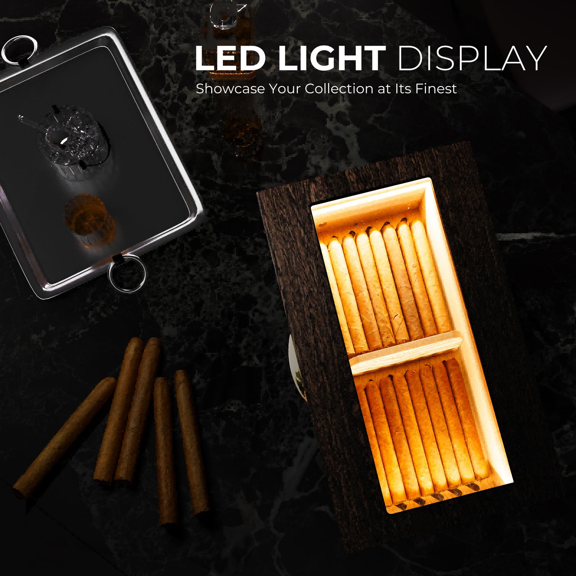 LED light display feature of cigar humidor, highlighting warm illumination to showcase cigar collection elegantly in a dark setting.