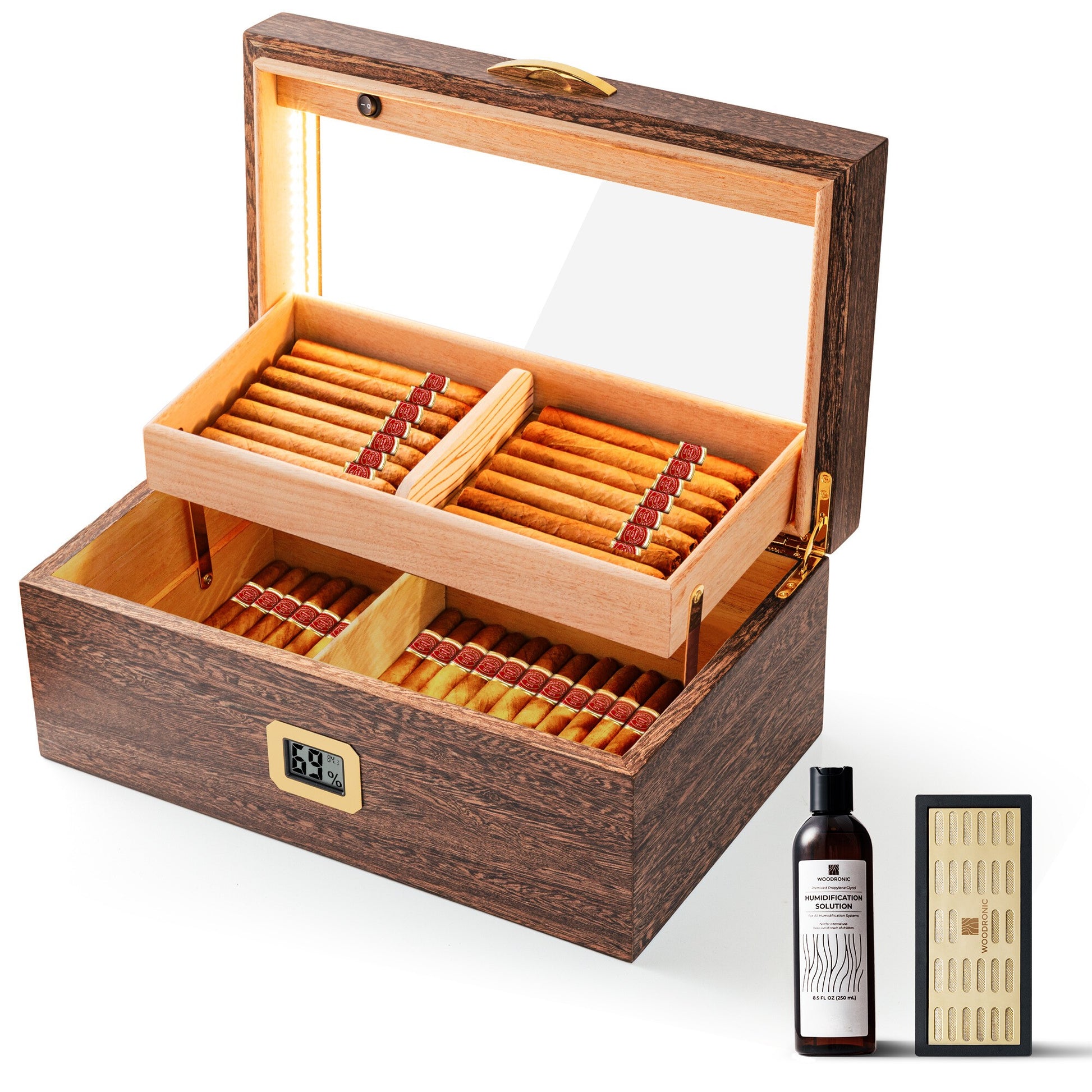 Complete wenge wood cigar humidor set, including cigars, humidification solution, and crystal gel humidifier, perfect gift for cigar enthusiasts.