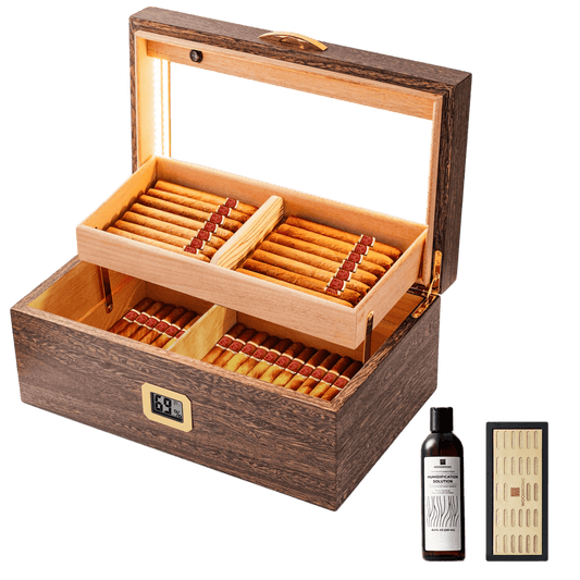 Complete wenge wood cigar humidor set, including cigars, humidification solution, and crystal gel humidifier, perfect gift for cigar enthusiasts.