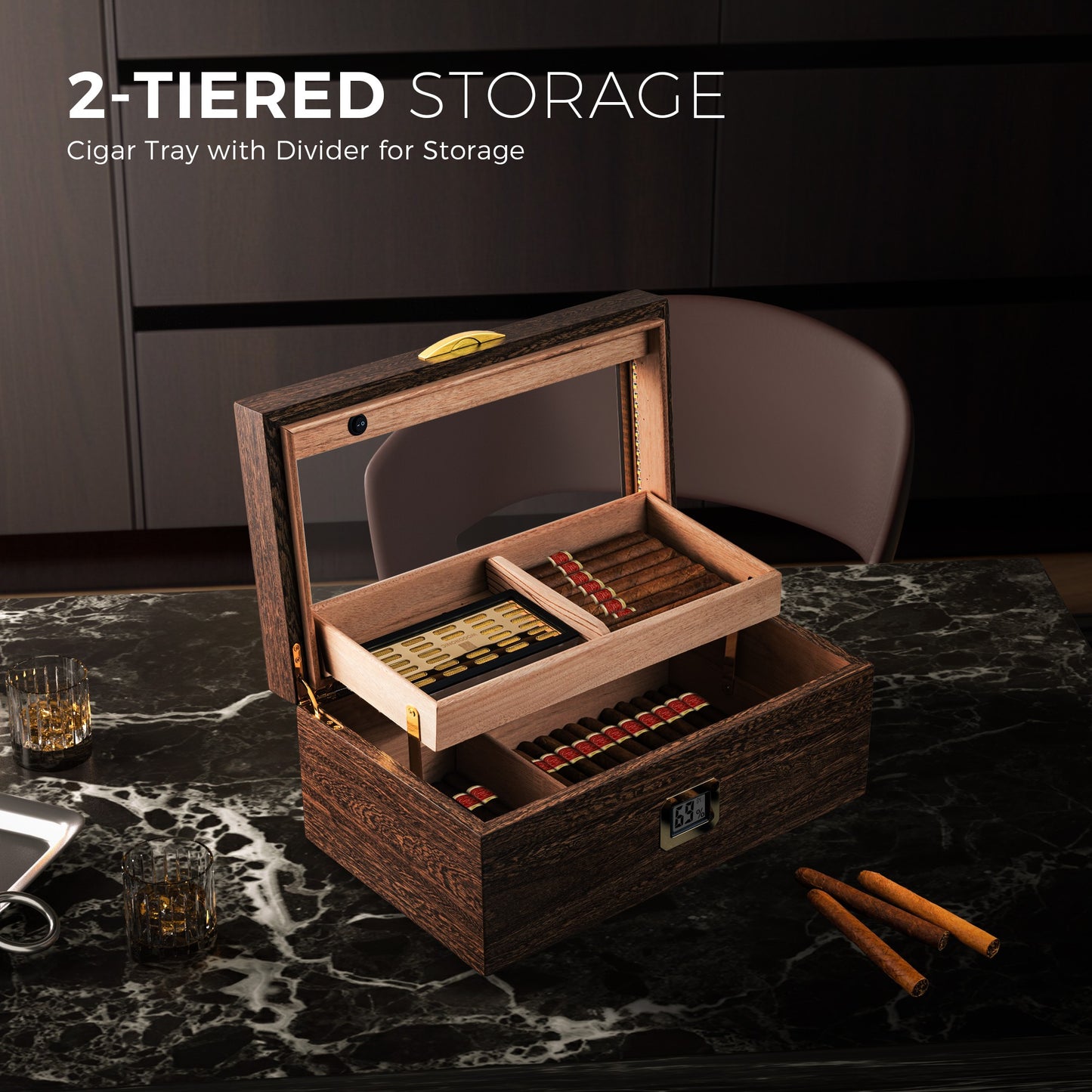2-tiered storage structure of cigar humidor, with divided tray and humidity tray, demonstrating organized cigar and accessory storage.