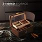 2-tiered storage structure of cigar humidor, with divided tray and humidity tray, demonstrating organized cigar and accessory storage.