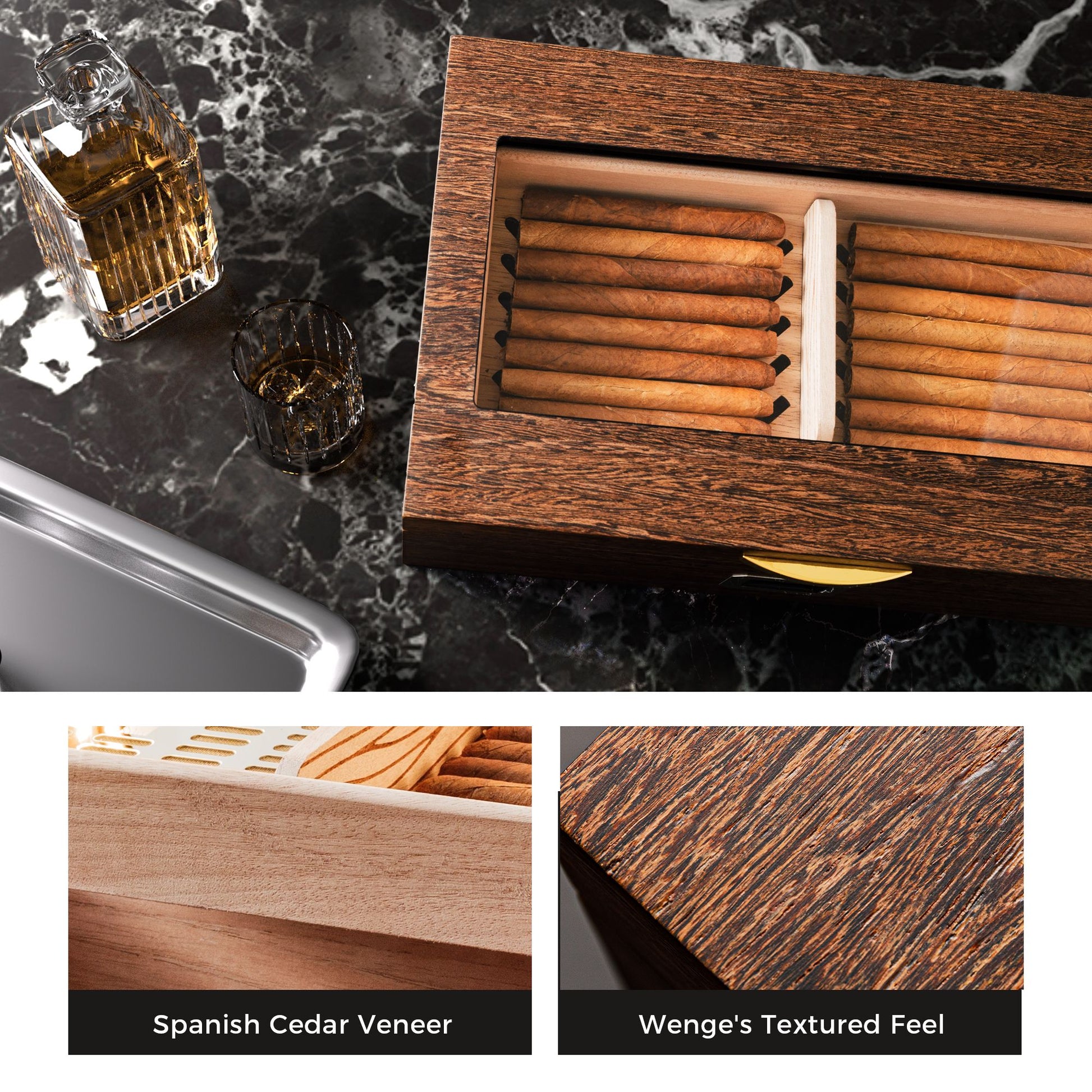 Close-up of wenge wood textured finish and Spanish cedar veneer interior, highlighting premium craftsmanship and cigar-friendly material.