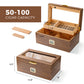 50-100 cigar capacity humidor with dimensions 14.9x9x6.3 inches, featuring removable dividers and 2-tiered design for flexible storage.