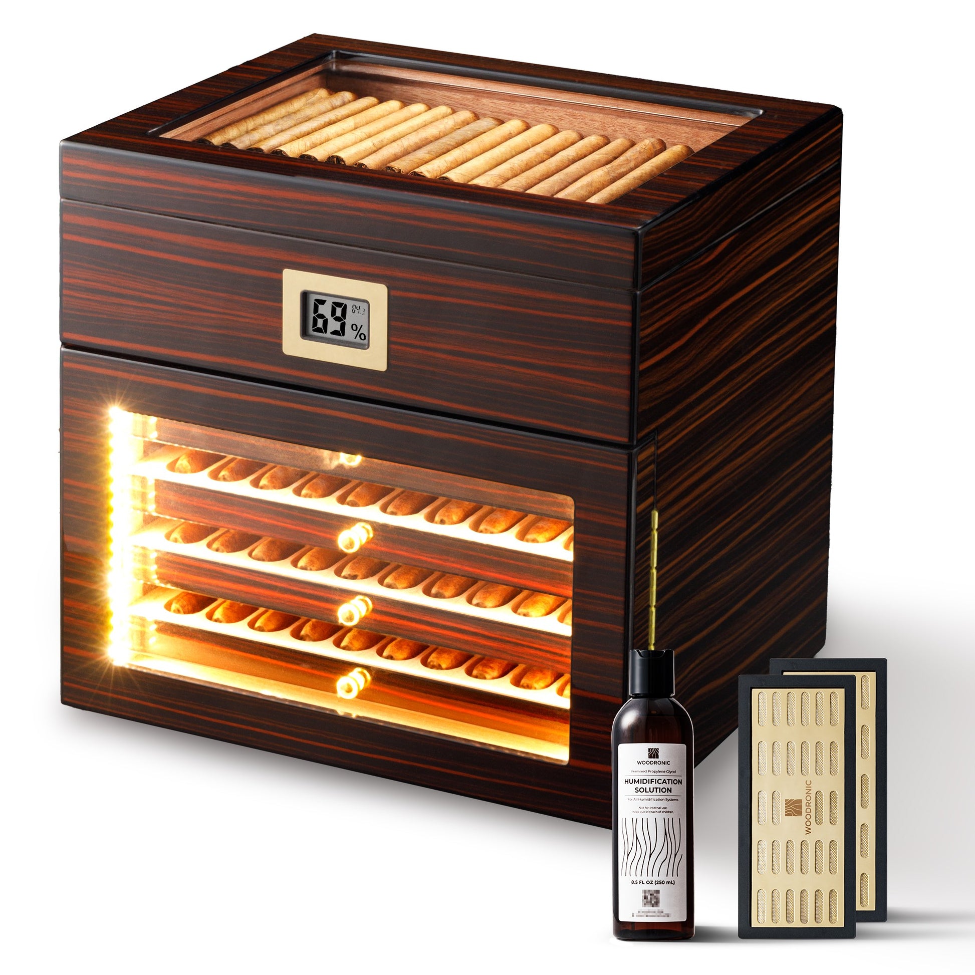 Complete tiered cigar humidor set, including cigars, humidification solution, and crystal gel humidifiers, perfect gift for cigar enthusiasts.