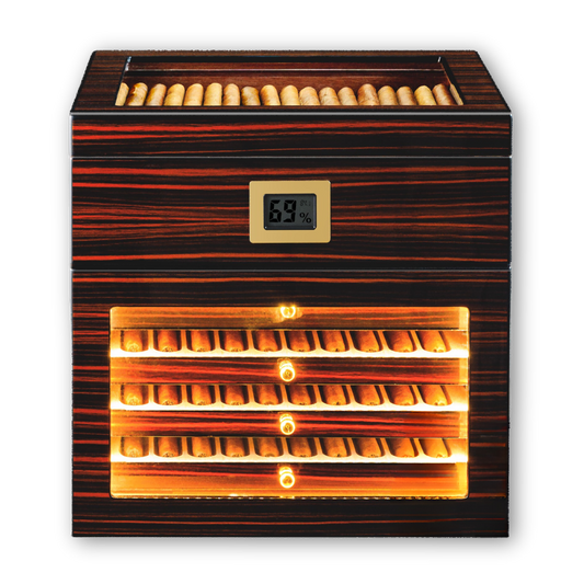 Ebony wood tiered cigar humidor with LED lighting, digital hygrometer, and glass display, ideal for showcasing and storing premium cigars.