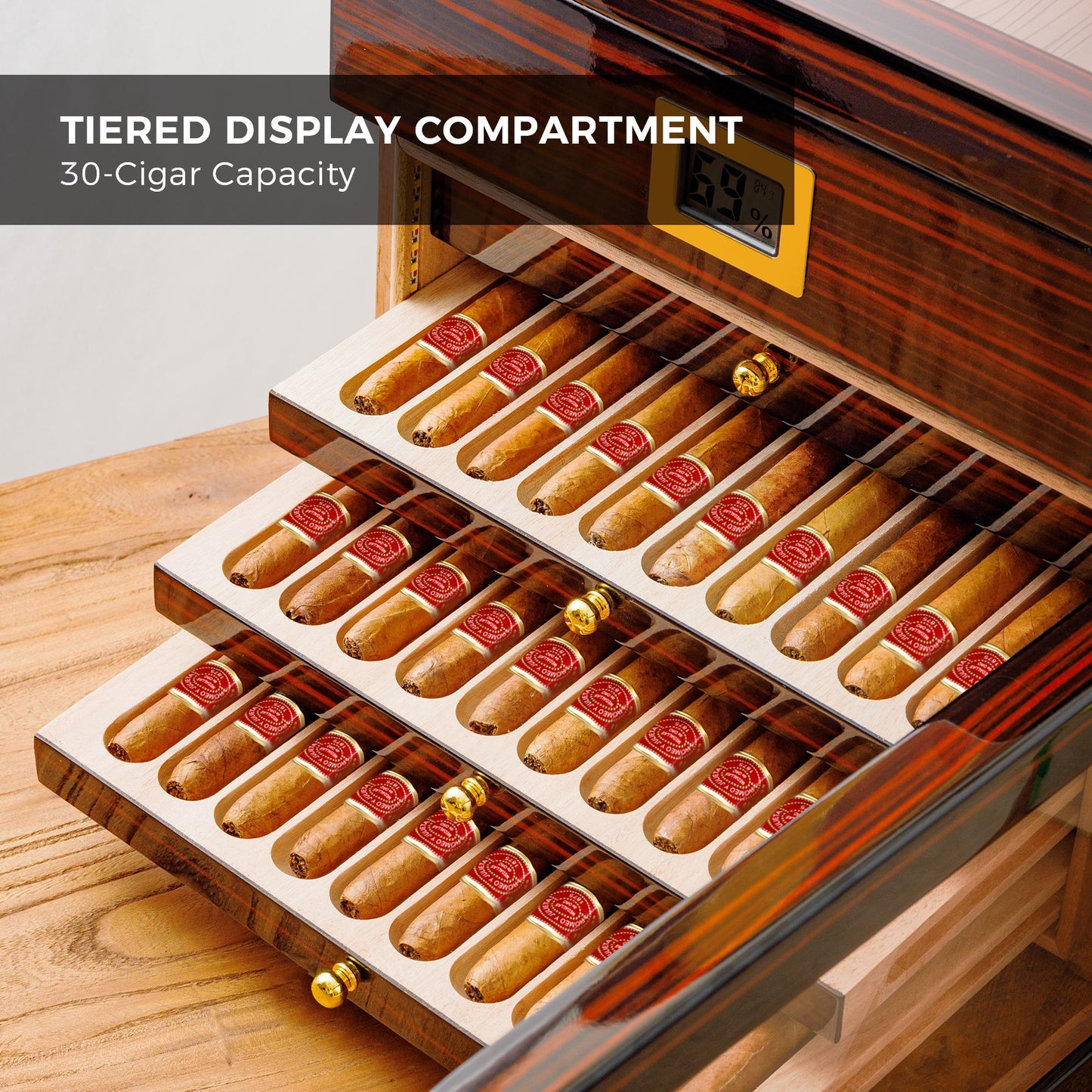 Tiered display compartment with 30-cigar capacity, featuring individual slots and gold knobs for elegant cigar presentation.