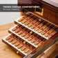 Tiered display compartment with 30-cigar capacity, featuring individual slots and gold knobs for elegant cigar presentation.