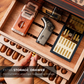 Extra storage drawer for cigar accessories (lighter, cutter, humidifier), demonstrating functional organization alongside cigar slots.