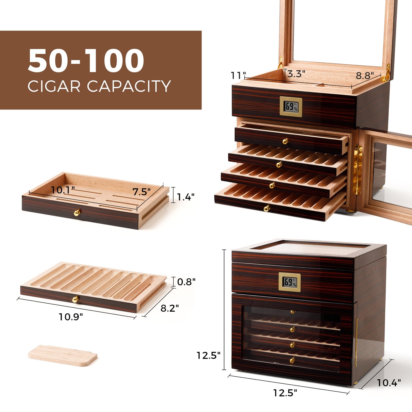 50-100 cigar capacity humidor with dimensions 12.5x10.4x12.5 inches, featuring removable trays and dividers for flexible storage.