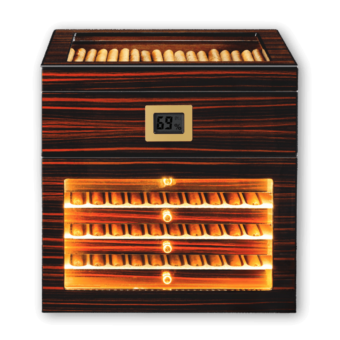 Ebony wood tiered cigar humidor with LED lighting, digital hygrometer, and glass display, ideal for showcasing and storing premium cigars.