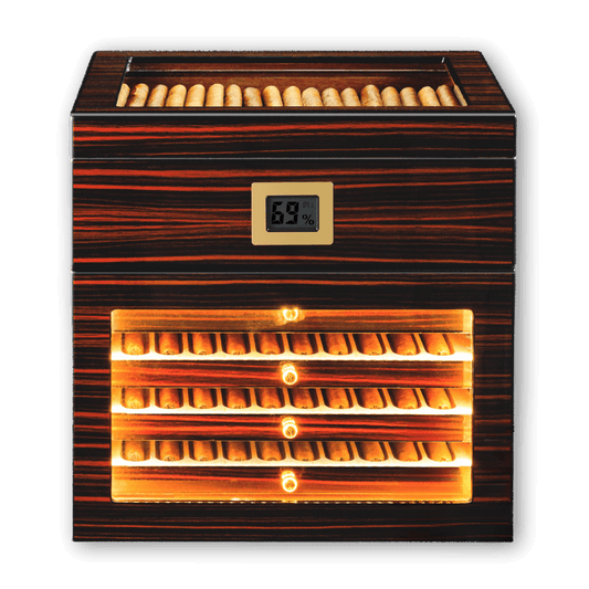 Ebony wood tiered cigar humidor with LED lighting, digital hygrometer, and glass display, ideal for showcasing and storing premium cigars.