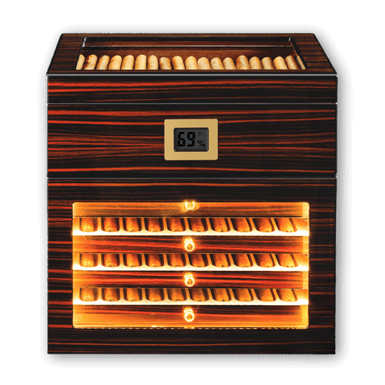 WA-5063 | Woodronic Inlumino Luxury Hybrid Cigar Cabinet: Lighted Spanish Cedar Humidor with 3 Drawers & Glass Top Compartment