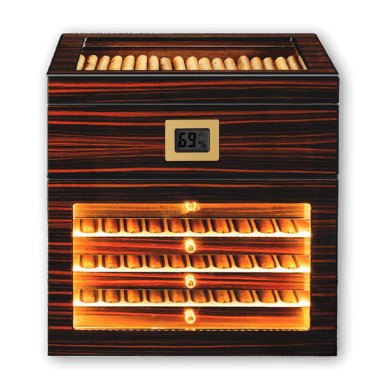 Ebony wood tiered cigar humidor with LED lighting, digital hygrometer, and glass display, ideal for showcasing and storing premium cigars.