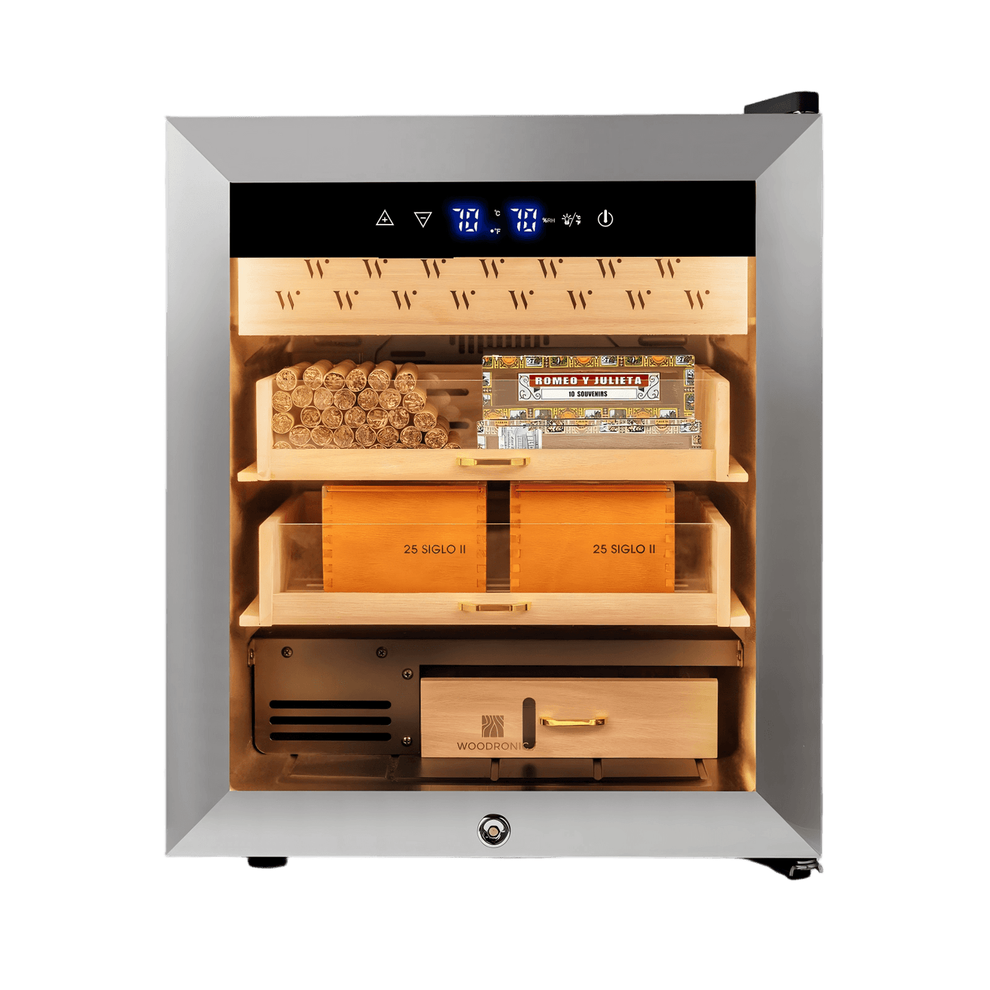 Stainless steel electric cigar humidor with digital climate control, Spanish cedar shelves, and 300-cigar capacity for premium storage.
