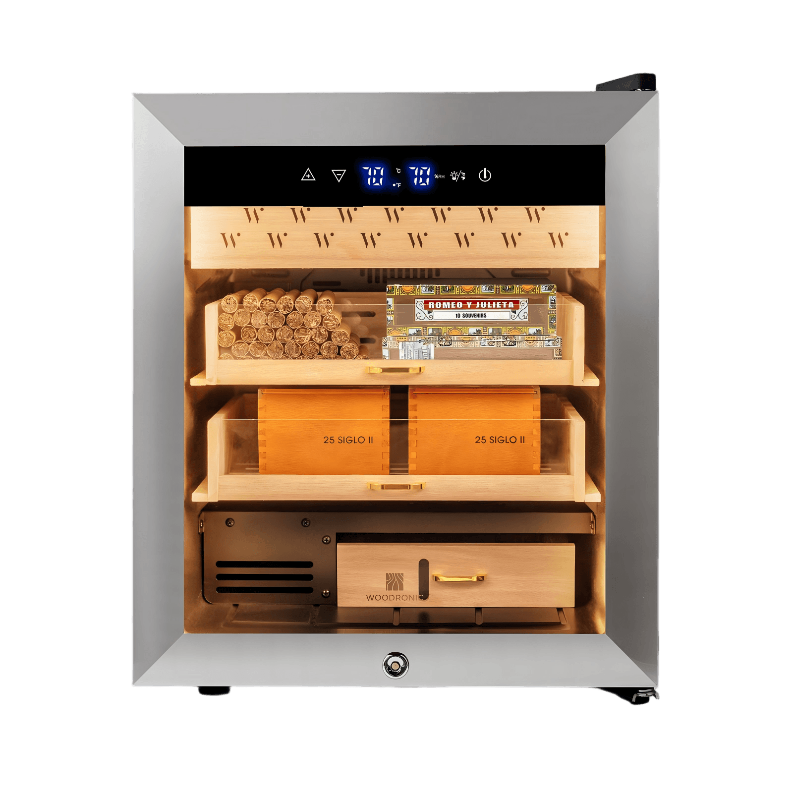 Stainless steel electric cigar humidor with digital climate control, Spanish cedar shelves, and 300-cigar capacity for premium storage.