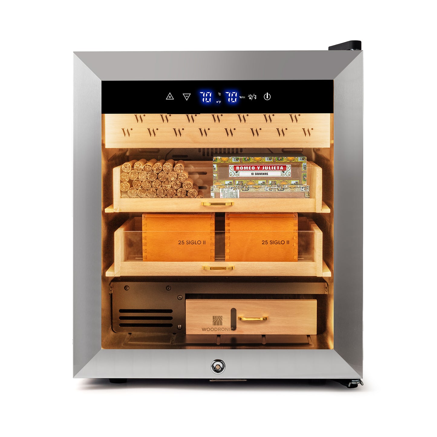 Stainless steel electric cigar humidor with digital climate control, Spanish cedar shelves, and 300-cigar capacity for premium storage.