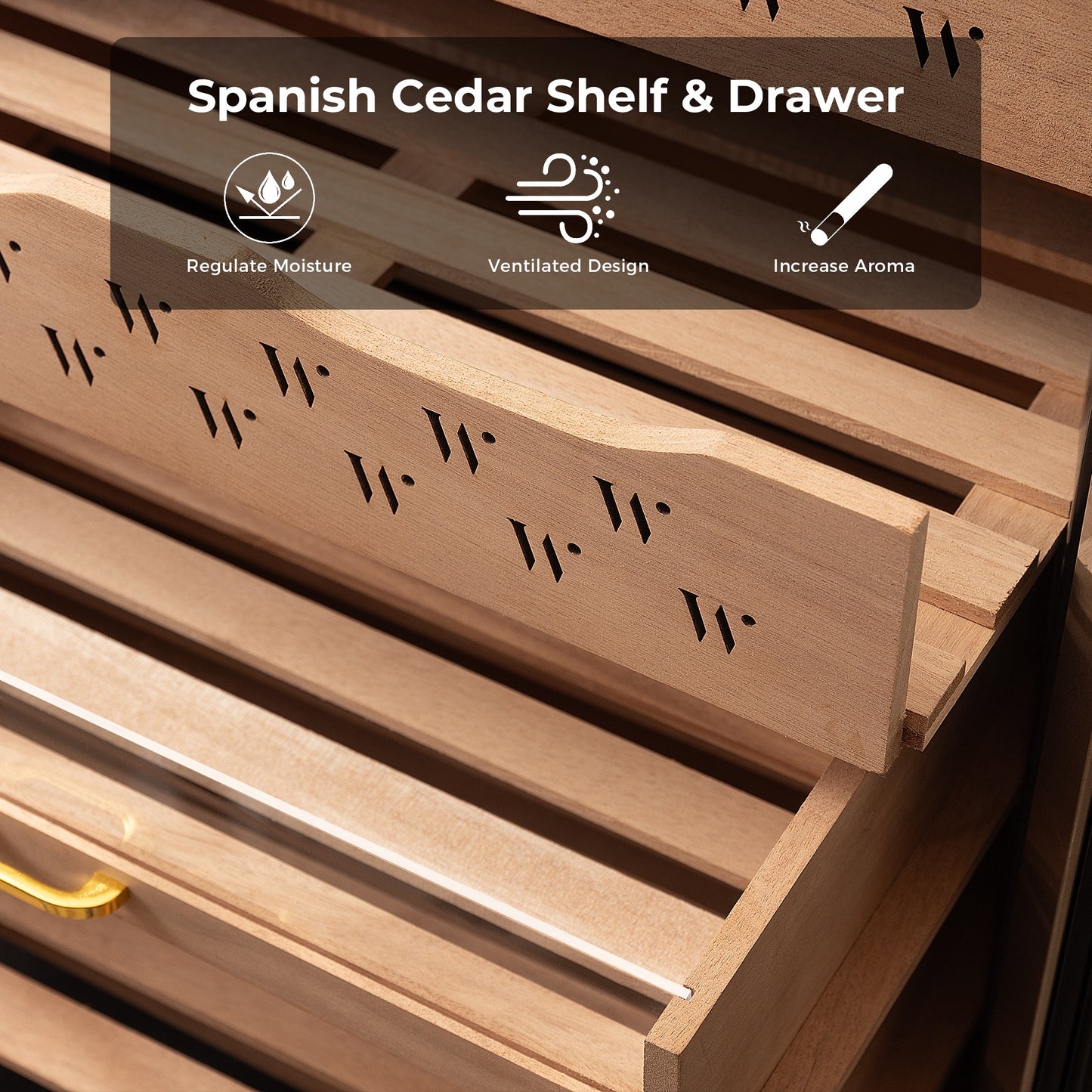 Spanish cedar shelves with ventilated design, regulating moisture and enhancing cigar aroma while ensuring air circulation.