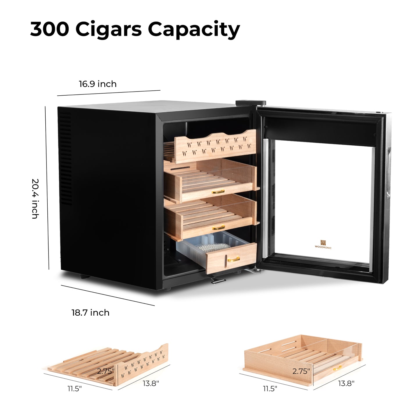 300-cigar capacity electric humidor with dimensions 18.7x16.9x20.4 inches, featuring removable cedar drawers and trays.