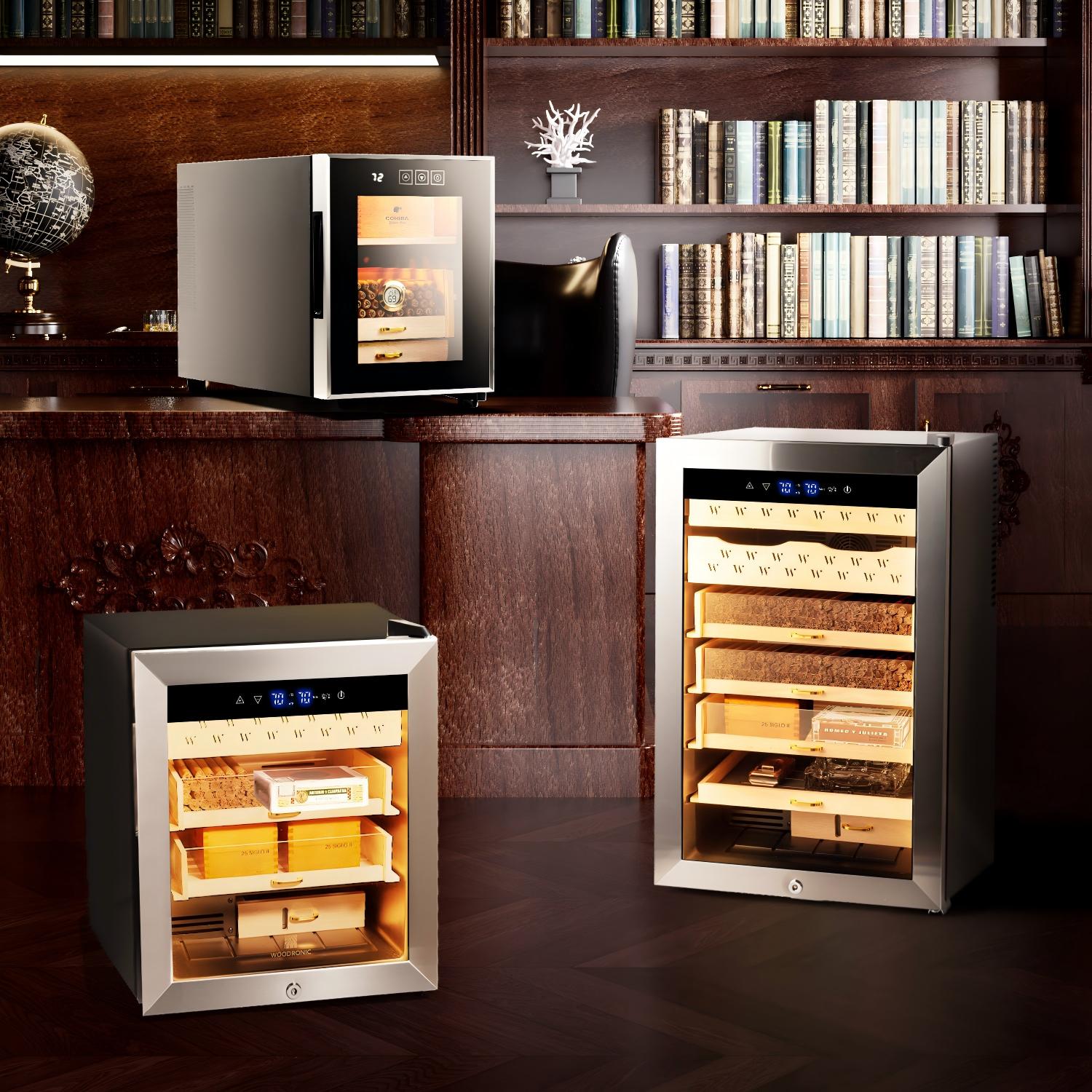Multiple electric cigar humidifiers displayed in a sophisticated wood-paneled study, ideal for premium cigar collections.