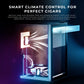 Smart climate control system maintains 65-75% humidity and 64-74°F temperature to preserve cigar flavor, aroma, and integrity.