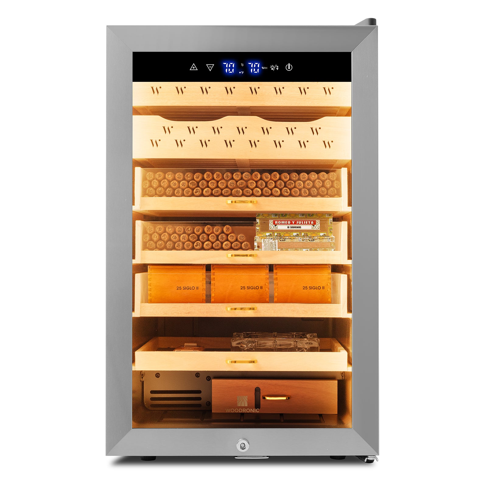 Stainless steel electric humidor with 400-cigar capacity, LED-lit Spanish cedar shelves, and digital climate control for premium storage.