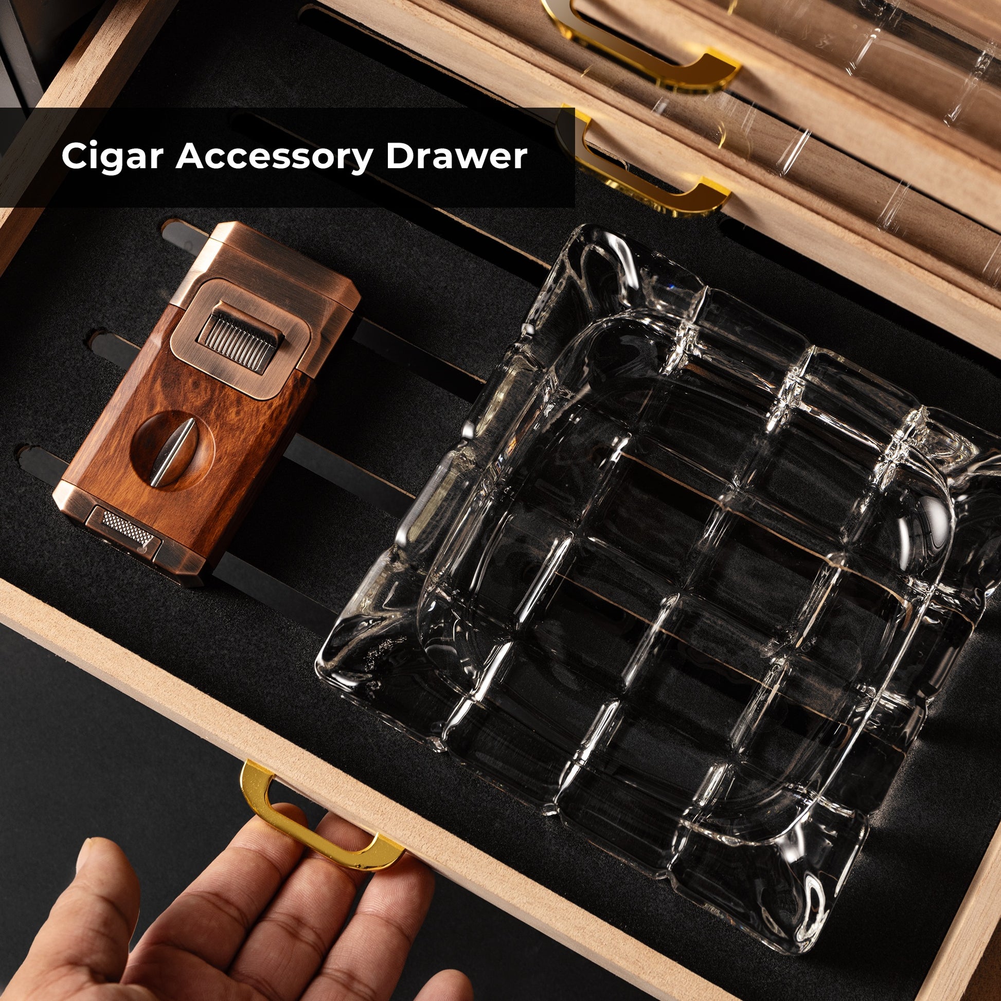 Spacious accessory drawer for storing cigar lighters, ashtrays, and other essentials, with soft-close design.
