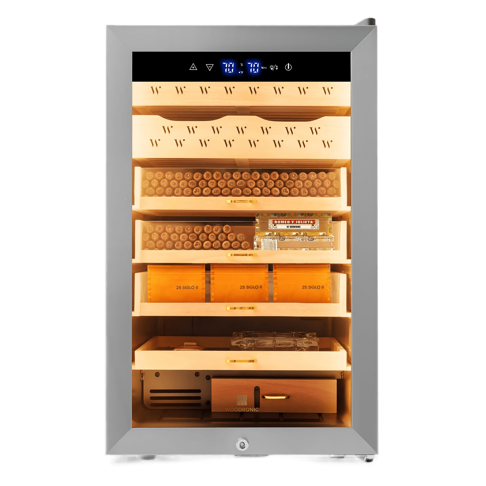 Stainless steel electric humidor with 400-cigar capacity, LED-lit Spanish cedar shelves, and digital climate control for premium storage.
