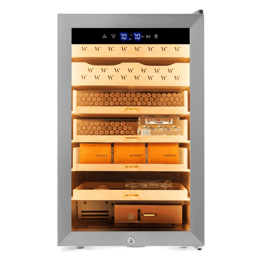 Stainless steel electric humidor with 400-cigar capacity, LED-lit Spanish cedar shelves, and digital climate control for premium storage.