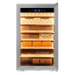 Stainless steel electric humidor with 400-cigar capacity, LED-lit Spanish cedar shelves, and digital climate control for premium storage.