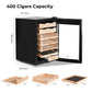 400-cigar capacity electric humidor with dimensions 20.5x17.7x28.9 inches, featuring removable cedar drawers and trays.