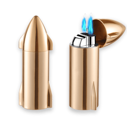 Gold rocket lighter shown in closed and open states, highlighting double torch flame and compact form.