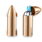 Gold rocket lighter shown in closed and open states, highlighting double torch flame and compact form.